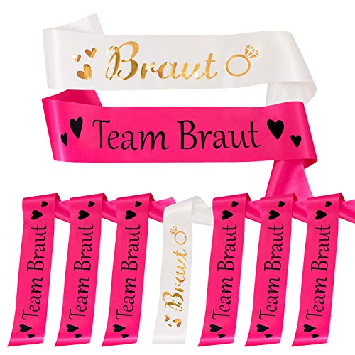 Oblique Unique® Braut + Team Braut Schärpe Set für Junggesellinnenabschied JGA Hen Party Hochzeit Accessoires in Pink Weiß mit Herzen und Diamant Ring von Oblique Unique