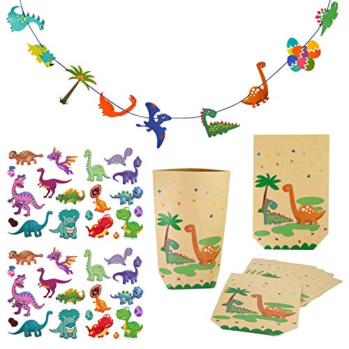 Oblique Unique® Dino Party Kinder Geburtstag Deko Set - Dino Girlande + Temporäre Dino Tattoos + Dino Geschenktüten - Dinosaurier Deko für Jungs von Oblique Unique