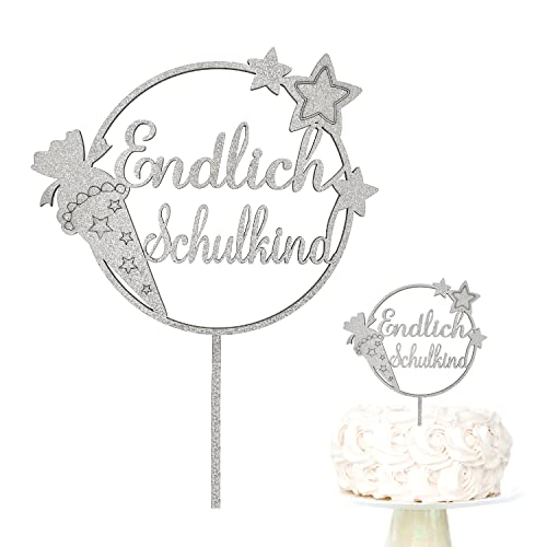 Oblique Unique® Endlich Schulkind Holz Torten Topper Glitzernd für Schuleinführung Einschulung Schulanfang von Jungs und Mädchen Topper Kuchendeckel (Silber) von Oblique Unique