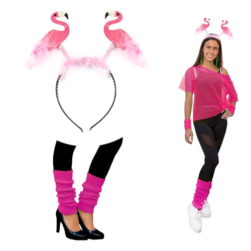 Oblique Unique Flamingo Kostüm Accessoire Set für Damen - Flamingo Haarreifen + Beinstulpen in Pink für Fasching Karneval Motto Party von Oblique Unique