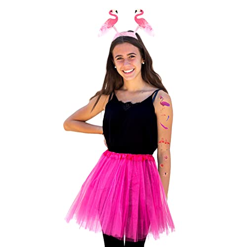 Oblique Unique® Flamingo Kostüm Accessoire Set für Damen - Flamingo Haarreifen + Flamingo Tattoos + Tutu / Tütü in Pink für Fasching Karneval Motto Party von Oblique Unique