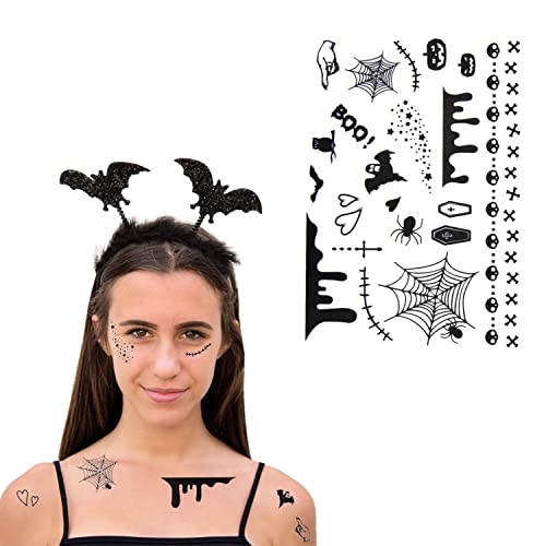 Oblique Unique® Fledermaus Kostüm Accessoire Set - Fledermaus Haarreifen + 22 gruselige Tattoos für Halloween Fasching Karneval Motto Party von Oblique Unique