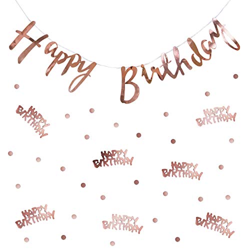 Oblique Unique® Happy Birthday Geburtstag Party Feier Deko Set - Happy Birthday Girlande + Happy Birthday Punkt Konfetti - Roségold von Oblique Unique