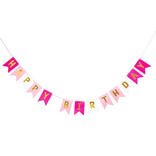 Oblique Unique® Happy Birthday Girlande Banner mit Wimpeln 2m - Pink Rosa Weiß Gold - Geburtstag Party Deko von Oblique Unique