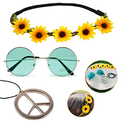 Oblique Unique® Hippie Kostüm Accessoire Set - Sonnenbrille + Peace Kette Leder Band + Blumen Haarband für 60er 70er Jahre Party Fasching Karneval (Sonnenbrille - Grün) von Oblique Unique