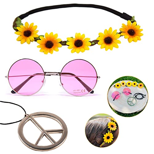 Oblique Unique® Hippie Kostüm Accessoire Set - Sonnenbrille + Peace Kette Leder Band + Blumen Haarband für 60er 70er Jahre Party Fasching Karneval (Sonnenbrille - Rosa) von Oblique Unique