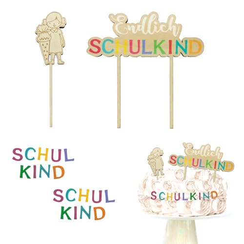 Oblique Unique® Holz Topper Set Endlich Schulkind Mädchen Buchstaben für Schuleinführung Schulanfang Torten Muffin Kuchen Topper Kuchendeckel von Oblique Unique