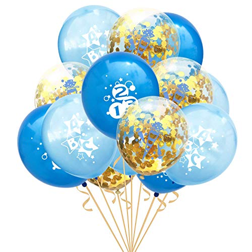 Oblique Unique® Konfetti Luftballon Set ABC 123 Zuckertüte für Schuleinführung Schulanfang Einschulung Schule Junge Jungs Deko Ballons im Blau Gold von Oblique Unique