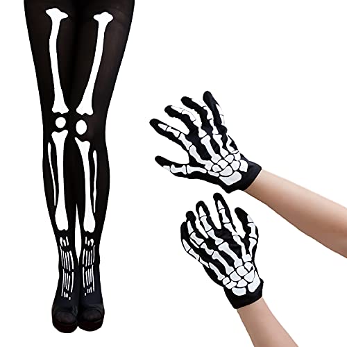 Oblique Unique® Kostüm Accessoire Set für Skelett Kostüm mit Skelett Strumpfhose + Skelett Handschuhe für Halloween Fasching Karneval Motto Themen Party von Oblique Unique