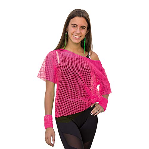 Oblique Unique Netzshirt Netztop Netz Hemd Netzoberteil Fischnetz für Damen Frauen Oberteil 80s 80er Jahre Kostüm Motto Party Größe 38-42 Neon Grün Pink - Farbe wählbar (Neonpink) von Oblique Unique