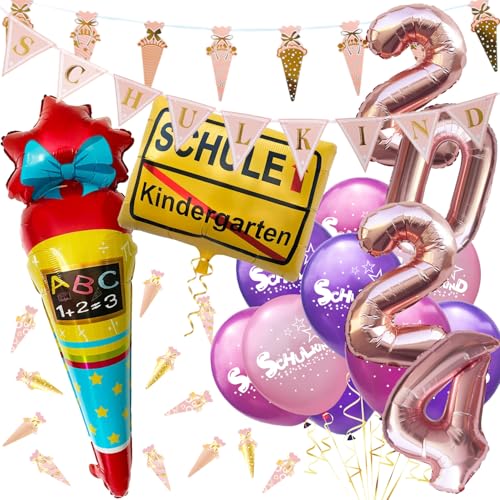 Oblique Unique® Schuleinführung Einschulung Schulanfang Deko Set Folien Ballons + Girlanden + Konfetti + Luftballons Schulkind Zuckertüten Motiv für Mädchen von Oblique Unique