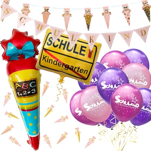 Oblique Unique® Schuleinführung Einschulung Schulanfang Deko Set für Mädchen - Folien Ballons + Girlanden + Konfetti + Luftballons mit Schulkind Zuckertüten Motiv von Oblique Unique