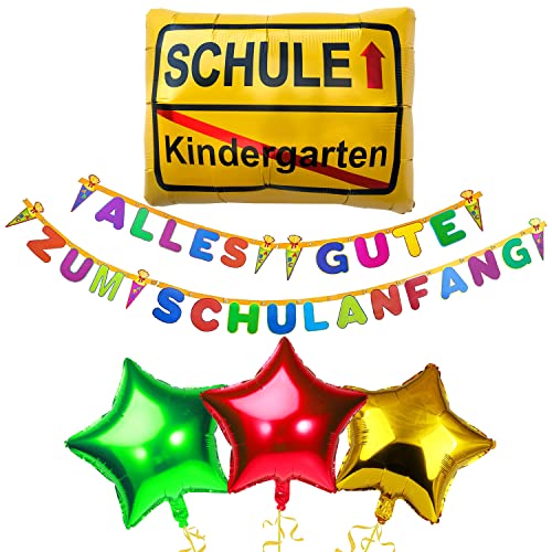 Oblique Unique® Schuleinführung Schulanfang Einschulung Deko Set - Alles Gute zum Schulanfang Girlande + Schule Folien Luftballon + 3 Stern Folienballons von Oblique Unique