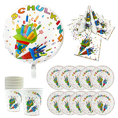 Oblique Unique® Schuleinführung Schulanfang Einschulung Deko Set - Folienballon “Schulkind” + 20 Servietten + Pappteller + Pappbecher (Bunt - Set mit 10x Pappteller + 10x Pappbecher) von Oblique Unique