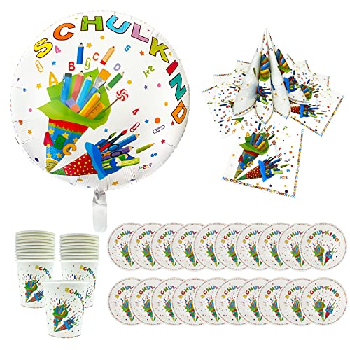 Oblique Unique® Schuleinführung Schulanfang Einschulung Deko Set - Folienballon “Schulkind” + 20 Servietten + Pappteller + Pappbecher (Bunt - Set mit 20x Pappteller + 20x Pappbecher) von Oblique Unique