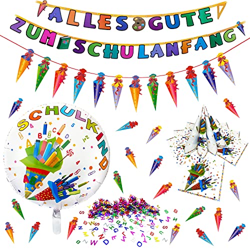 Oblique Unique® Schuleinführung Schulanfang Einschulung Deko Set - Folienballon Schulkind + 2X Girlande + 20 Servietten + Zuckertüten & Buchstaben Konfetti von Oblique Unique