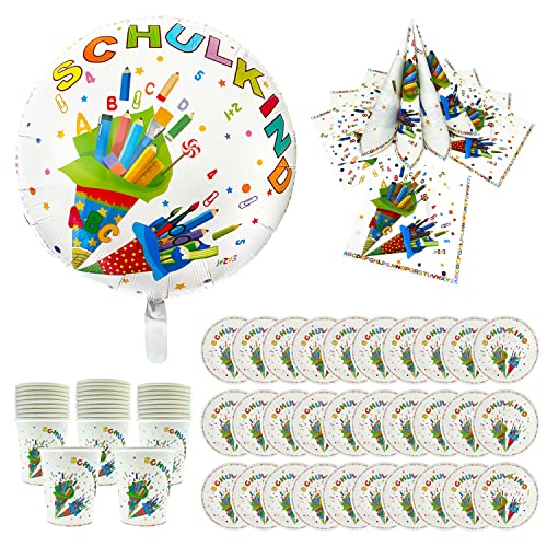 Oblique Unique® Schuleinführung Schulanfang Einschulung Deko Set - Folienballon “Schulkind” + 40 Servietten + Pappteller + Pappbecher (Bunt - Set mit 30x Pappteller + 30x Pappbecher) von Oblique Unique