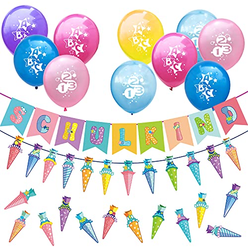 Oblique Unique® Schuleinführung Schulanfang Einschulung Deko Set - Schulkind Girlande + ABC 123 Luftballons + Zuckertüten Girlande + Konfetti Set von Oblique Unique