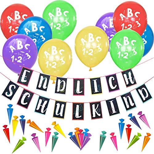 Oblique Unique® Schuleinführung Schulanfang Einschulung Deko Set für Jungs Mädchen - Endlich Schulkind Girlande + Luftballons + Zuckertüte Konfetti von Oblique Unique