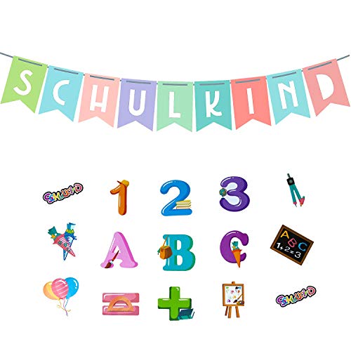 Oblique Unique® Schuleinführung Schulanfang Einschulung Deko Set für Jungs Mädchen - Schulanfang Girlande + Zahlen Tafel Ballons Zuckertüte Konfetti von Oblique Unique