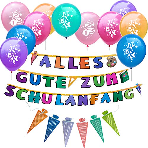 Oblique Unique® Schuleinführung Schulanfang Einschulung Deko Set für Jungs und Mädchen - 10 Luftballons + Alles Gute zum Schulanfang Girlande + Zuckertüten Einladungskarten/Girlande von Oblique Unique