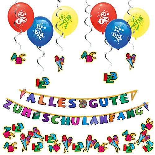 Oblique Unique® Schuleinführung Schulanfang Einschulung Deko Set für Jungs und Mädchen - 6 Luftballons + Schulanfang Girlande + 6 Deckenhänger Wirbel Spiral Girlanden + Konfetti Set von Oblique Unique