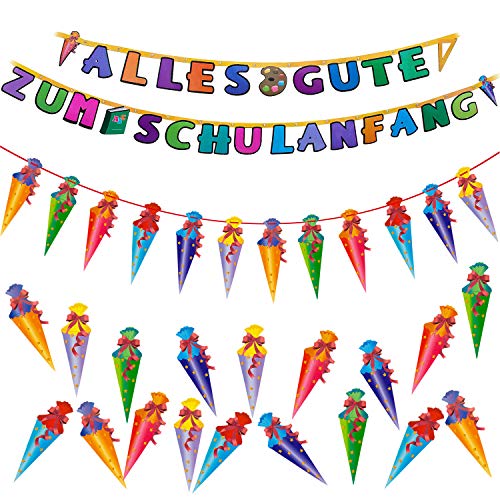 Oblique Unique® Schuleinführung Schulanfang Einschulung Deko Set für Jungs und Mädchen - Zuckertüten Girlande + Alles Gute zum Schulanfang Girlande + Zuckertüte Konfetti Set von Oblique Unique