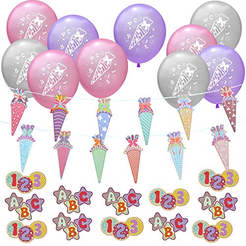 Oblique Unique® Schuleinführung Schulanfang Einschulung Deko Set für Mädchen - Zuckertüte Girlande + Zuckertüte Luftballon Set + ABC 123 Konfetti Set von Oblique Unique