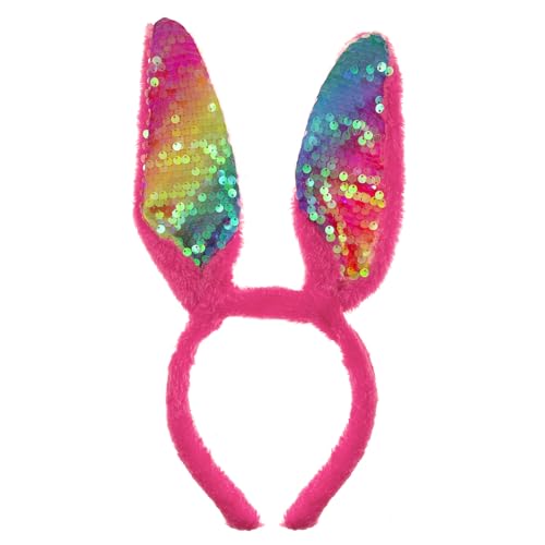 Oblique Unique Haarreifen mit Hasen Ohren Pink und Rainbow Pailletten Haarreif Hase Kostüm Accessoire für Mädchen Damen Fasching Karneval Motto Party (Pink) von Oblique Unique