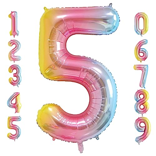 Oboteny Folien Helium Luftballons Geburtstag - 40Zoll(101CM)-Regenbogen-Gradienten-Zahlenballons mit Krone, Zahlenballon Geeignet Geburtstagsdeko Hochzeitsdeko Party Deko - [5] von Buosha