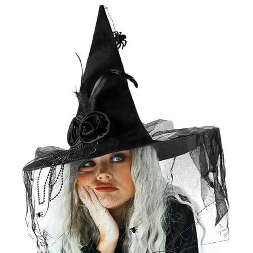 Obotsnoi Halloween-Hexenhut mit Tüll, gefiedert, Party-Zaubererhut, Unisex, spitze Hexenkappen, Erwachsene, Kinder, Cosplay-Kostüm von Obotsnoi