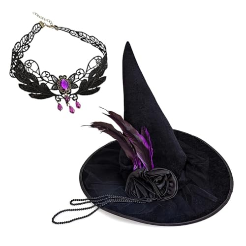 Obotsnoi Hexenhut und Strass Halskette Set Damen Halloween Hut Rosen Deko Hut für Mottoparty von Obotsnoi