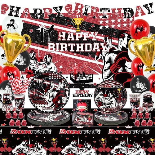 Obussgar Boxing Birthday Party Decorations - Boxing Party Supplies including Banner, Backdrop, Cake Toppers, Plates, Cups, Napkins, Balloons, Tablecloth for Birthday Party Baby Shower - Serves 20 von Obussgar