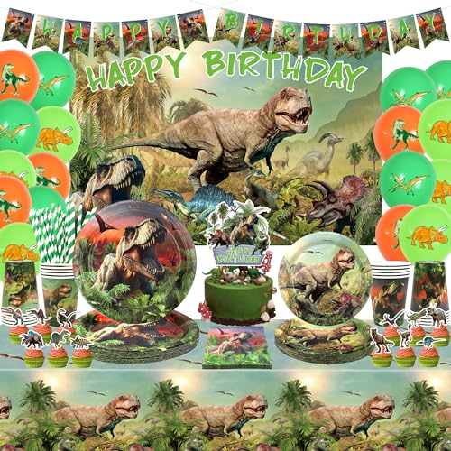 Obussgar Dinosaurier-Geburtstagsparty-Dekorationen, Dinosaurier-Partyzubehör, einschließlich Banner, Hintergrund, Kuchendekoration, Teller, Tasse, Serviette, Ballon, Tischdecke, 20 Stück von Obussgar