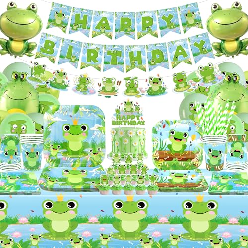 Obussgar Frosch Geburtstag Party Dekorationen - Frosch Party Supplies einschließlich Banner, Teller, Tortenaufsatz, Tasse, Serviette, Ballon, Tischdecke für Frosch Party Dekoration - Serves 20 von Obussgar