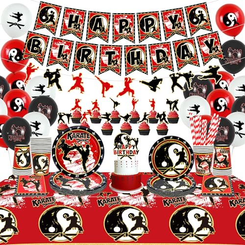 Obussgar Karate Geburtstag Party Dekorationen - Karate Party Supplies einschließlich Banner, Teller, Tortenaufsätze, Tassen, Servietten, Luftballons, Tischdecke für Karate Party Dekoration, serviert von Obussgar