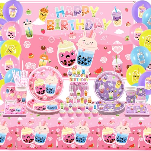 Obussgar Milch Tee Geburtstag Party Dekorationen - Bubble Tea Party Supplies enthalten Banner, Kuchen Topper, Teller, Tassen, Servietten, Luftballons, Tischdecke - Serves 20 (Backdrop) von Obussgar