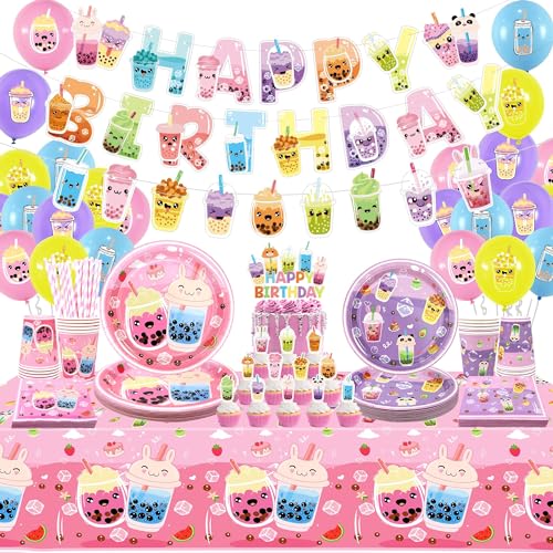 Obussgar Milch Tee Geburtstag Party Dekorationen - Bubble Tea Party Supplies enthalten Banner, Kuchen Topper, Teller, Tassen, Servietten, Luftballons, Tischdecke - Serves 20 (Banner) von Obussgar