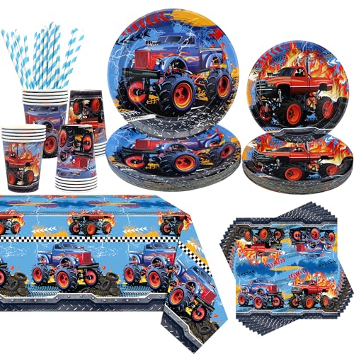 Obussgar Monster Truck Geburtstag Party Dekorationen - Monster Truck Party Supplies einschließlich Teller, Tasse, Serviette, Strohhalme, Tischtuch (20) von Obussgar