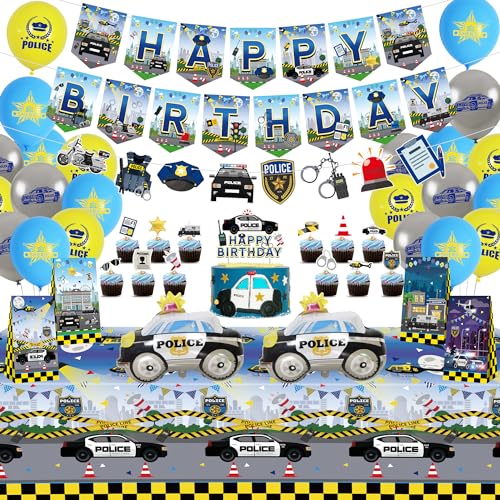 Obussgar Polizei Geburtstag Party Dekorationen - Polizei Party Supplies einschließlich HAPPY BIRTHDAY Banner, Kuchen Topper, Geschenk-Taschen, Luftballons, Tischdecke für Kindergeburtstag Party von Obussgar