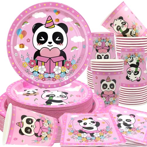 Obussgar Rosa Panda Geburtstag Party Dekorationen für Mädchen - Cartoon Panda Party Supplies einschließlich Teller, Tassen, Servietten, Tischdecken für Mädchen Party Dekorationen (20) von Obussgar