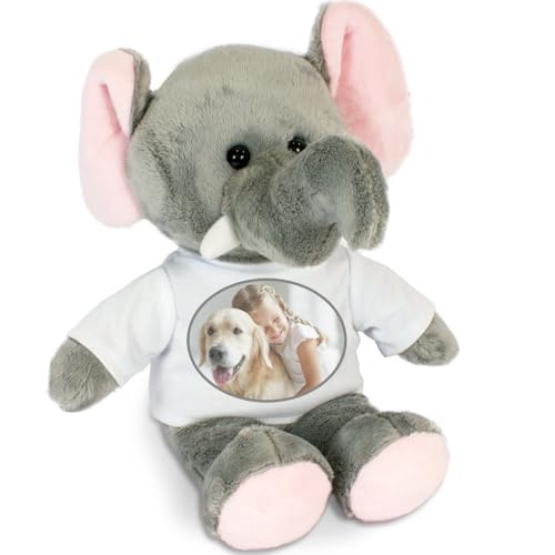 Ocadeau Elefantenkuscheltier mit Foto personalisierbar - Plüschtierelefant angezogen mit einem weißem T-Shirt zum Personalisieren - 21 cm großes Plüschtier zum Selbstgstalten von Ocadeau