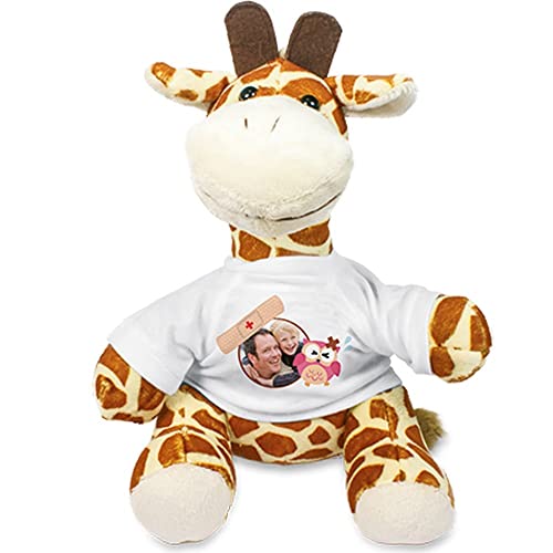 Ocadeau Giraffenkuscheltier mit eigenem Foto - Giraffenplüschtier mit weißem T-Shirt zum Selbstgestalten - Kuscheltier in Giraffenform zum Selbstgestalten von Ocadeau