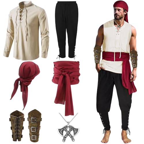 Mittelalter Kleidung Herren Set,Renaissance -Kleidung,Mittelalterliches Piratenhemd,Piratenhemd Hose,Viking Kostüm,Beinhaltet Langarmshirt,Freizeithosen,Armband,Kopftuch,Gürtel und Halskett (L) von Occtingkind