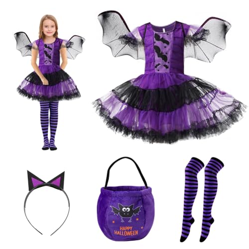 Halloween Fledermaus Kostüm Mädchen, Halloween Kostüm Hexe Mädchen Enthalten Lila Tutu Rock, Flügel, Strumpf, Haareif und Umhängetasche, Karneval Kostümparty Halloween Kostüm für Kinder (Kinder-100) von Occtingkind