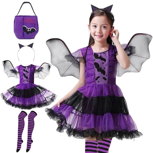 Halloween Fledermaus Kostüm Mädchen, Halloween Kostüm Hexe Mädchen Enthalten Lila Tutu Rock, Flügel, Strumpf, Haareif und Umhängetasche, Karneval Kostümparty Halloween Kostüm für Kinder (Kinder-120) von Occtingkind