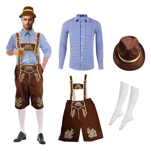 Occtingkind Oktoberfest Herren Outfit Komplett Set, Bayerisches Kostüm Herren, Oktoberfest-Kostüm-Set Beinhaltet Bayerisches Hemd Herren, Lederhosen, Socken und Hut, für Oktoberfest, Karneval(M) von Occtingkind