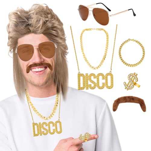 Vokuhila PerüCke Herren 70er 80er, PerüCke Vokuhila MäNner 7er Set, 80er Jahre Outfit Herren Mit Goldkette, Sonnenbrille, Schnurrbart, Goldring - FüR Thema 70er 80er KostüM Party von Occtingkind