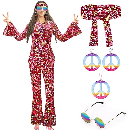 60er 70er Jahre Bekleidung Damen mit Hippie Oberteil Schlaghose Damen Accessoires, Disco Outfit Kostüm Damen Hippie Kleidung 70er Mode Flower Power Kleidung Damen Faschingskostüm Mädchen （S） von Occzin