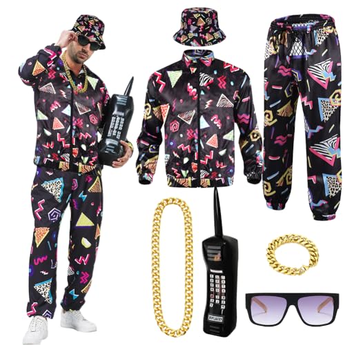 80er 90er Jahre Outfit Herren Damen, 7 Stück 80er Jahre Kostüm Trainingsanzug Hippie Faschingskostüme mit Jacke Hose Goldkette Hüte Armbänder Brille Aufblasbare Mobiltelefon für Karneval Disco Party von Occzin